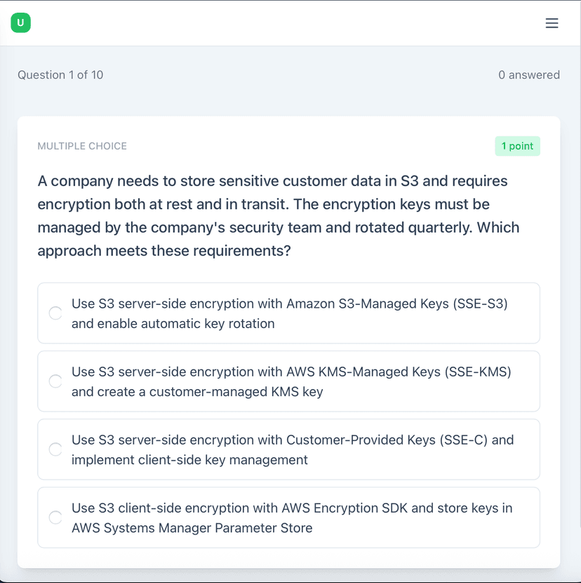 Practice exam interface